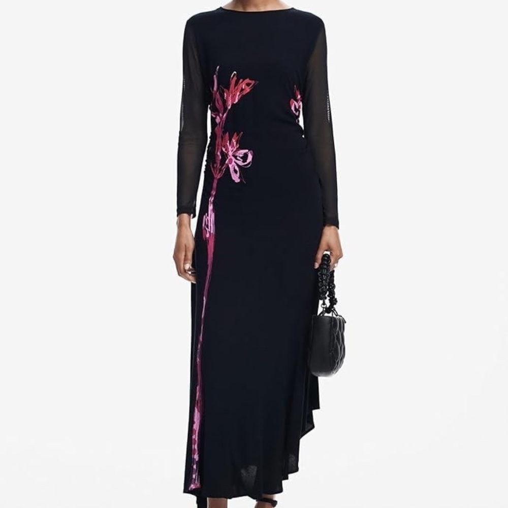 Unworn-- Desigual Asymmetric Floral Long Dress in Black Multi